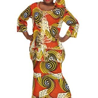 African Planet Women's Ekiwaba Orange Three Piece A-Line Skirt Set Embroidery