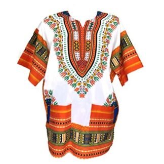 Men Dashiki Shirt African Caftan White and Orange New