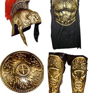 Roman Gladiator Armor Spartan Greek Warrior Gold Helmet 5Pc Set Shield Costume