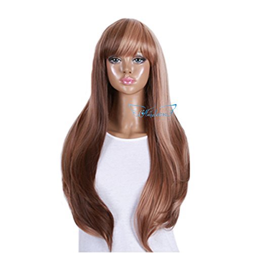 Angelaicos Womens Two Tone Color Block Fashion Top Design Highlights Healthy Neat Bangs Natural Hair Full Wig Mixed Brown Blonde Long (Style 14)