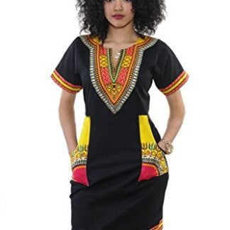 Women Traditional African Print Dashiki Bodycon Short Sleeve Dress Yellow XL