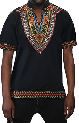 Makkrom Men's Short Sleeve Tribal Dashiki Printed Tops (Large, Black 2)