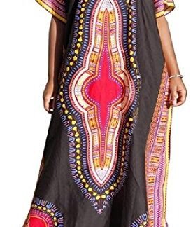 Aprilley Womens Navajo Floral Short Sleeve Wild Dashiki Maxi Dress Black One Size
