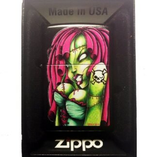 Zippo Custom Lighter - Sexy Zombie Scary BIG Boobs Hot Babe Chick Skull Cross Bones Tattoo Black Licorice Finish Rare!