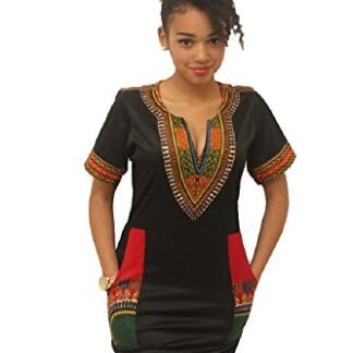 Moxeay Sexy V neck Bohemia Traditional African Print Dashiki Bodycon Mini Dress (L, Black&Red)
