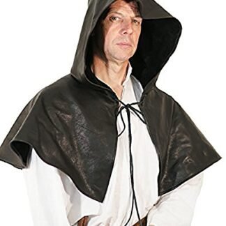 MEDIEVAL-GOTHIC-Pagan-LARP-Steampunk-Hobbit-Cosplay-Game Of Thrones BLACK LEATHER HERO HOOD-COWL WITH TIES