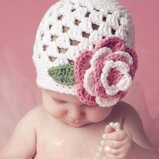 Baby Girl Knit Hat Winter Handmade Flower Prop Beanie (White)