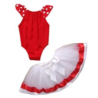 Rush Dance Happy Birthday Girl Mickey Minnie Leotard Tutu Dress Petti Skirt Set (100 (2-3T), Red & White)
