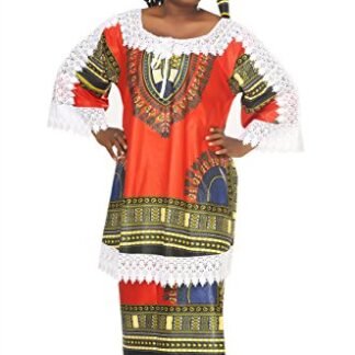 African Planet Women's Dashiki 3 Piece Skirt Top Gele Headwrap Set with Lace