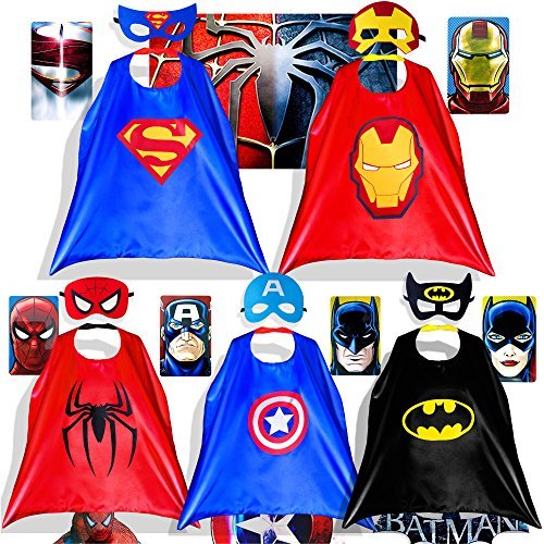 Lazu Superhero Dress Up Costumes 5 Satin Capes with Felt Masks and Bonus Stickers