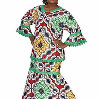 African Planet Women Kenyan Style Clothing 3 Piece with Skirt Top Headwrap Green