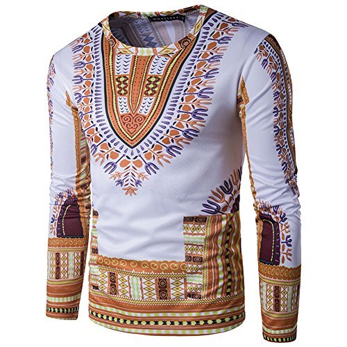 Mens Long Sleeve Cotton Traditional African Dashiki T Shirts Clothing M Yellow