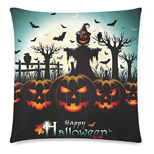 InterestPrint Happy Halloween Home Decor, Pumpkin Bat Bird Moon Night Pillowcase 18 x 18 Inches – Halloween Gift Pillow Cover Case Shams Decorative
