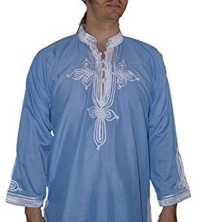 Marrakesh Men Tunic Caftan With White Tread Embroidery Breathable X-large Light BLue