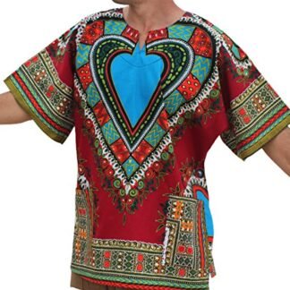RaanPahMuang Brand Unisex Bright African Heart Dashiki Cotton Shirt, X-Large, Burgundy