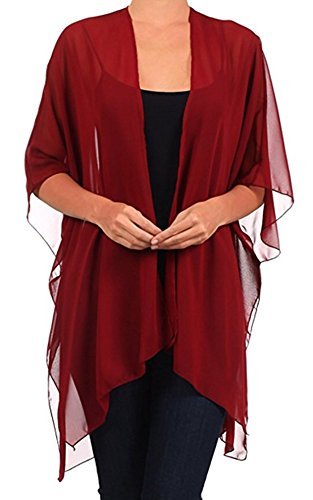 TC Solid Sheer Chiffon Kimono Cardigan Kaftan Sweater Top Shirt Maroon Burgundy