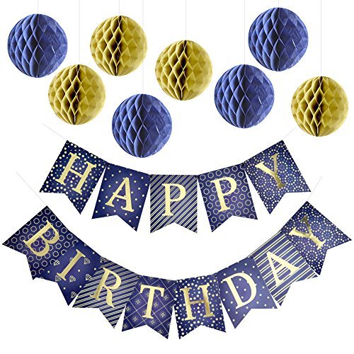 Happy Birthday Banner with 8 Tissue Paper Pom Pom Balls - Premium Quality Blue Bunting Banner With Shiny Gold Letters - Party Supplies - Beautiful Birthday Party Decorations for Kids and Adults