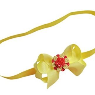 Baby Girls Beauty and the Beast Belle ELASTIC Headband with Red Rose and Grosgrain Bow (Newborn to 12 Months)
