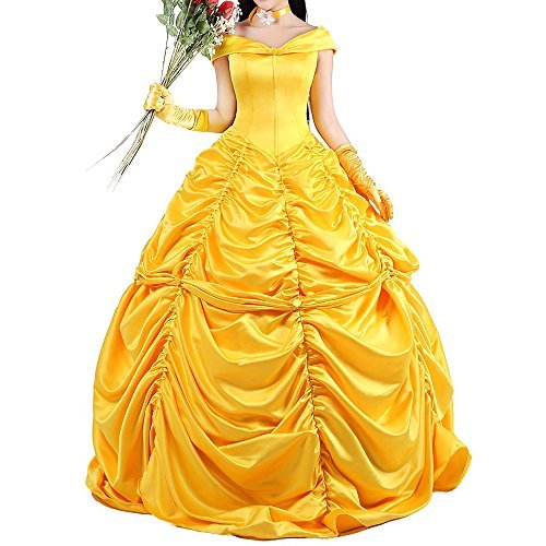 Princess Belle Costume Adult Women Beauty and the Beast Cosplay Dress with Choker and Gloves (M)
