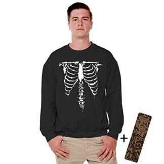 Halloween Crewneck Front Ribcage Skeleton Costume Scary Sweatshirt + Bookmark 2XL Black