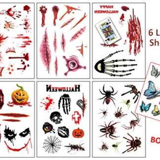 7 Sheets Scar Tattoos Temporary Large – Simulate Body Wound Scab Bloody Stickers, Halloween Parties Spider Pumpkin Realistic Décor, Zombie Cosplay Makeup Horror Injury Art Toys, for Kids Women Men