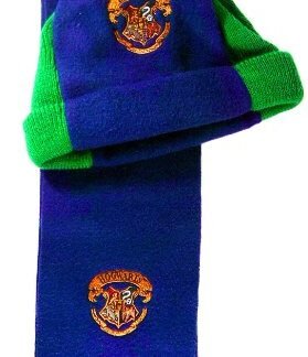 Harry Potter Fleece Green Navy Blue Hat & Scarf Set with Hogwarts Crest Embroidery