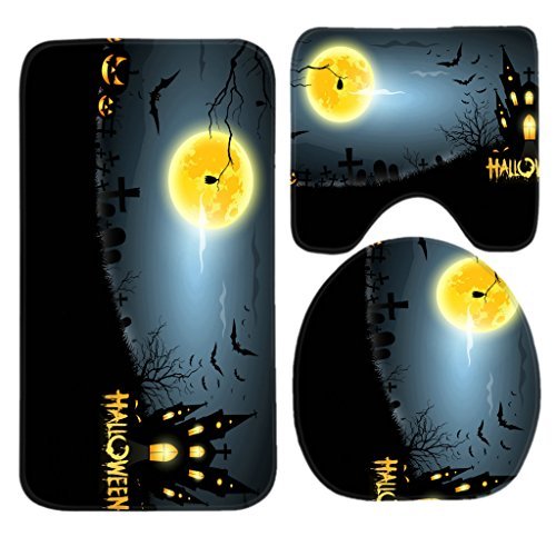 SSOIU 3 Piece Bath Mat Set Halloween Moon Non-Slip Bathroom Mats Contour Toilet Cover Rug