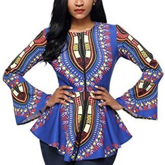 HOTAPEI African Printed Slim Fit Long Sleeve Clubwear Party Plus Size Shirts For Women Blouse Top Blue XX-Large