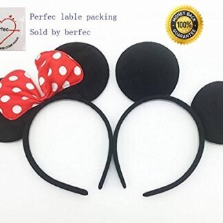 Perfec Mickey Mouse Ears Solid Black and Bow Minnie Headband For Boys and Girls Birthday Party Mom Baby Hairs Accessories Girl Headwear Party Decoration Baby Shower Halloween Set Of 2