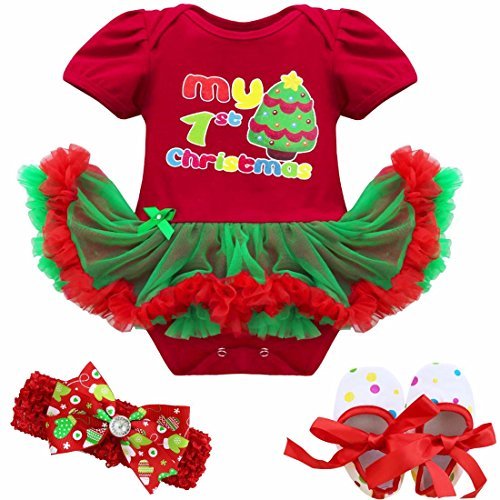 FEESHOW 4Pcs Infant Baby Girls Santa Claus/Christmas Tree Romper Outfits Costume Red 1st Christmas Tree 0-3 Months