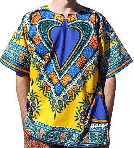 RaanPahMuang Bright Heart Cotton Africa Dashiki Plus Sized Shirt Plain Front, XXXX-Large, Yellow