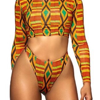 Sundray Women African Kente Printing Stretch High Waist Bikini Sets Beachwear S