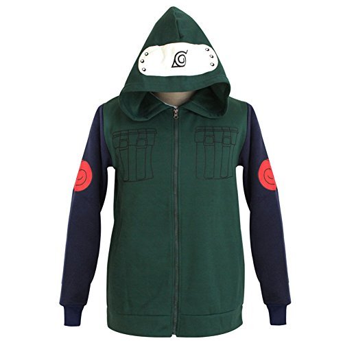 Mens Womens Naruto Cosplay Costume Kakashi Hatake Hoodie Zipper Anime Hoody Coat, Green, Asin Size Large