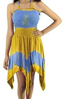 Tye It Up Womens Hi Low Halter Elastic Chest Dress (Yellow & Blue)